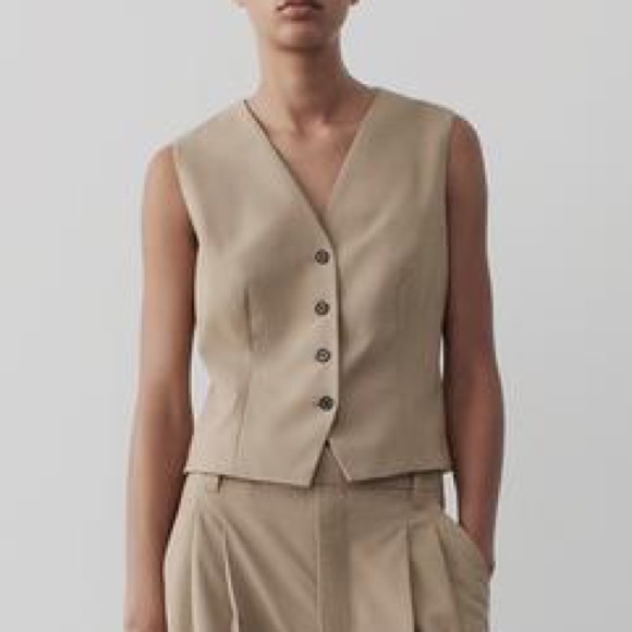 Zara NWT tan camel vest waistcoat with black button front - Picture 2 of 9
